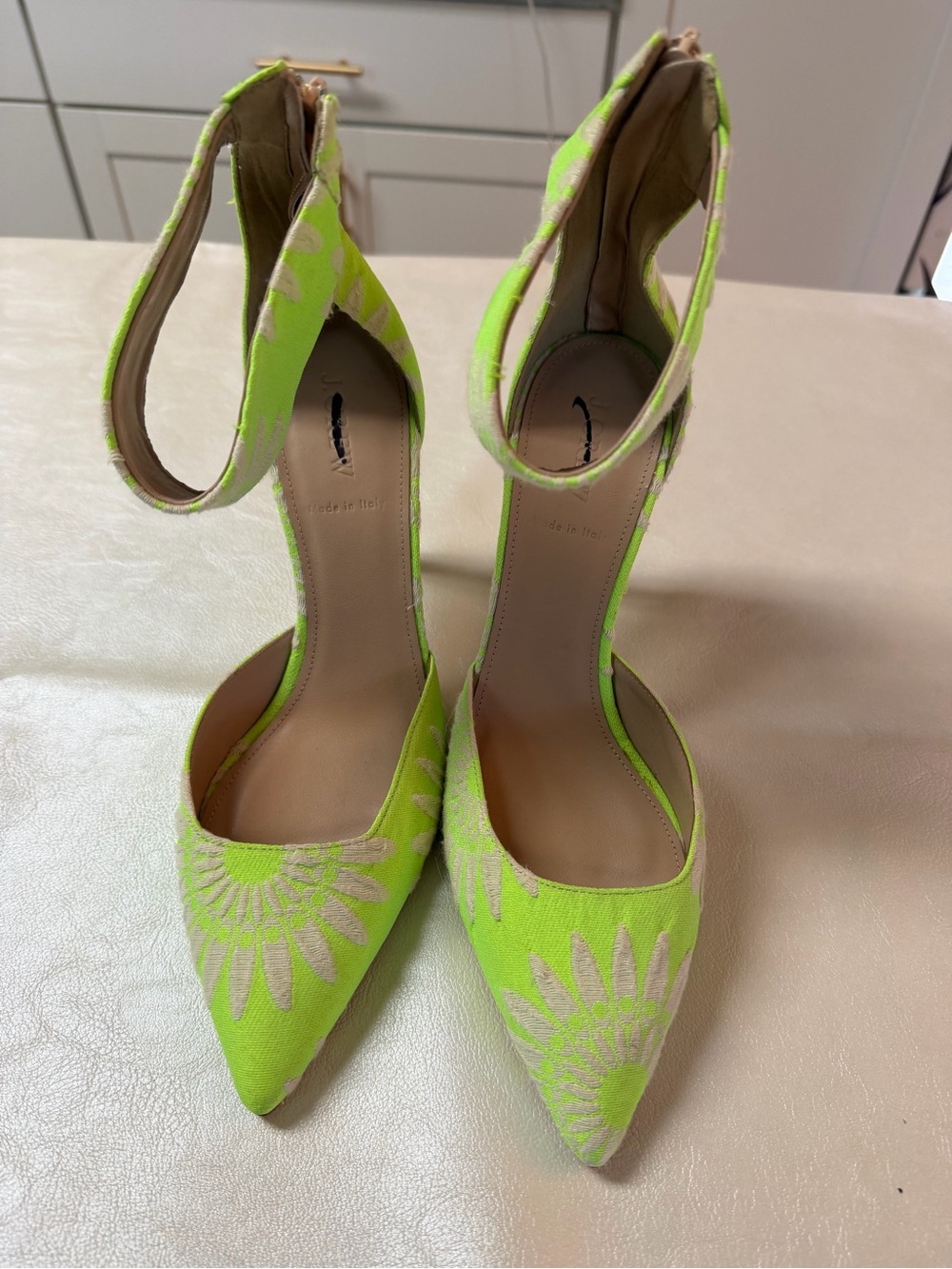 J. Crew Lime Green Floral Ankle-Strap Pointed Heels